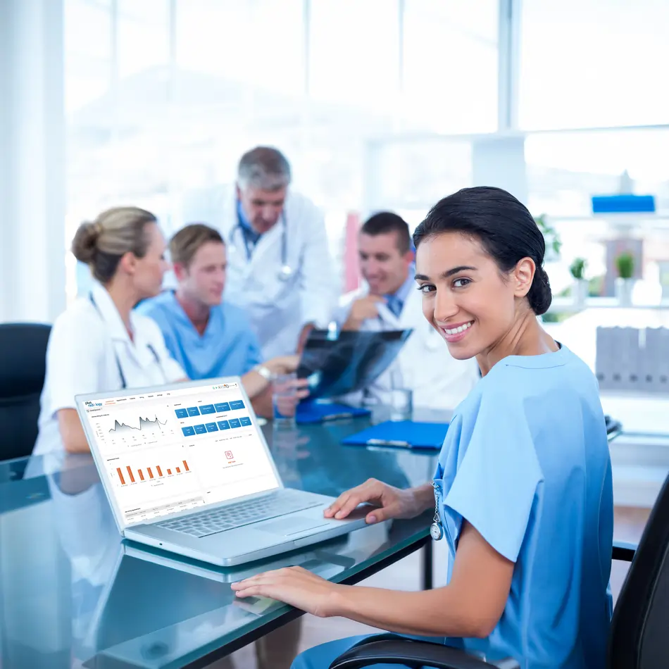 Illustration of a pediatric clinic administrator managing patient records and clinic operations on a dashboard