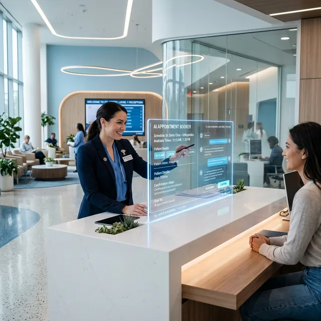 Illustration of a pediatric clinic front desk assistant booking appointments on a tablet