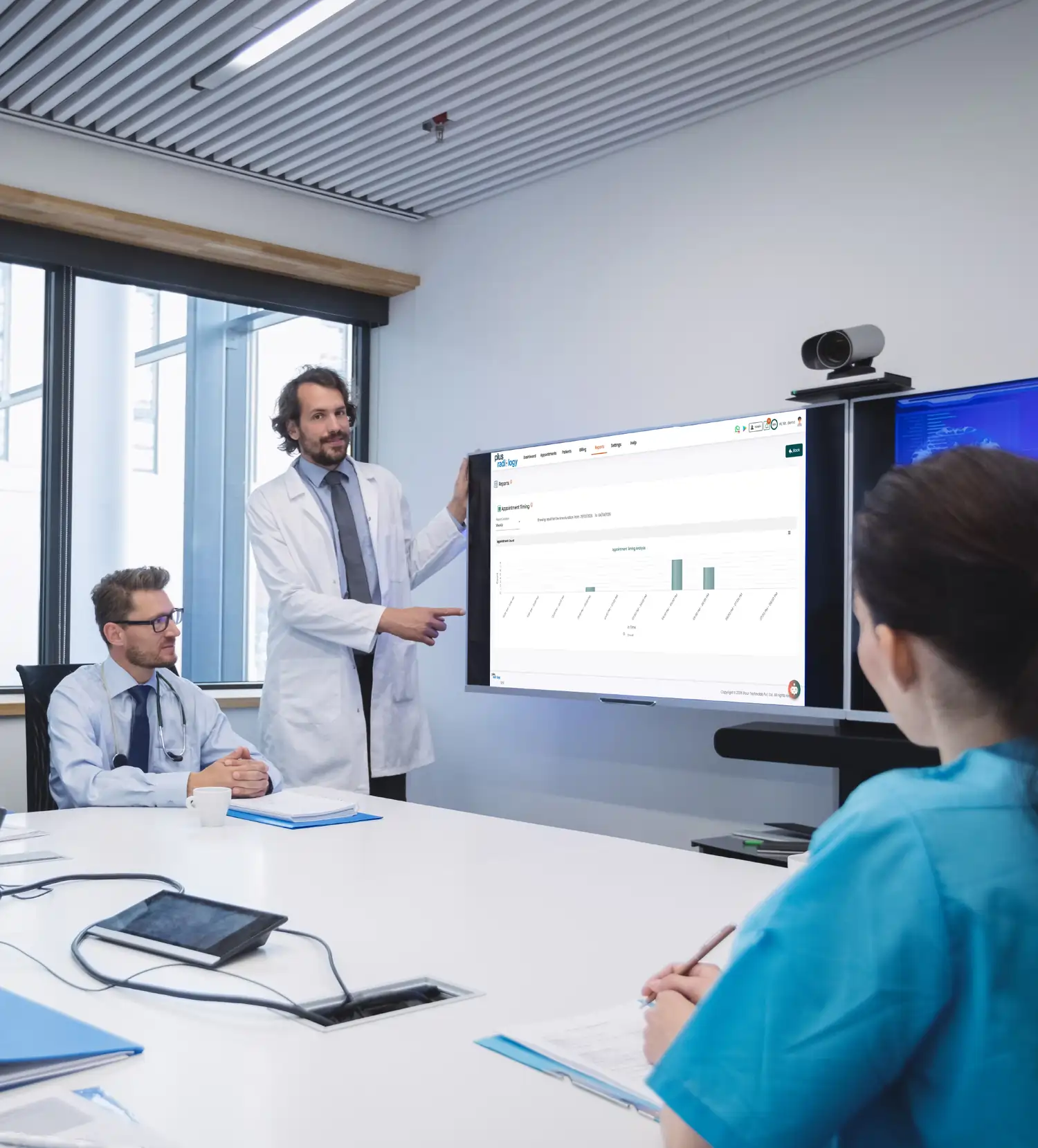 Illustration of a pediatric clinic owner analyzing growth reports and operational dashboard