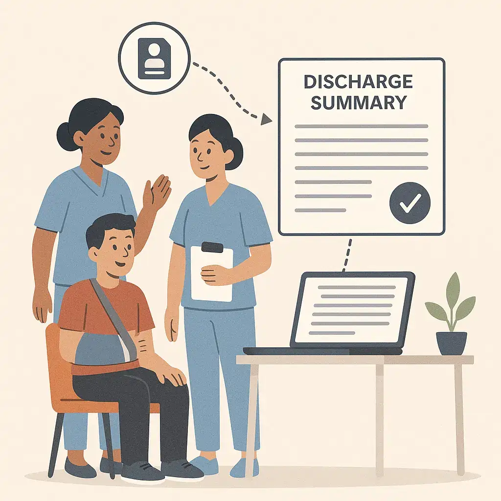Nurses assisting a patient beside a completed discharge summary document