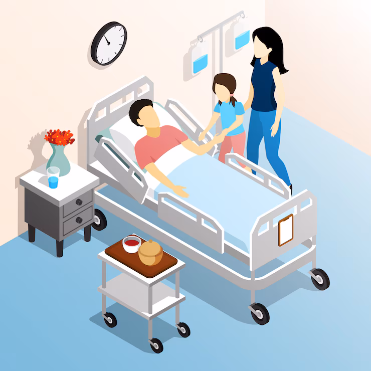 Family visiting a patient resting in a hospital bed with an IV drip