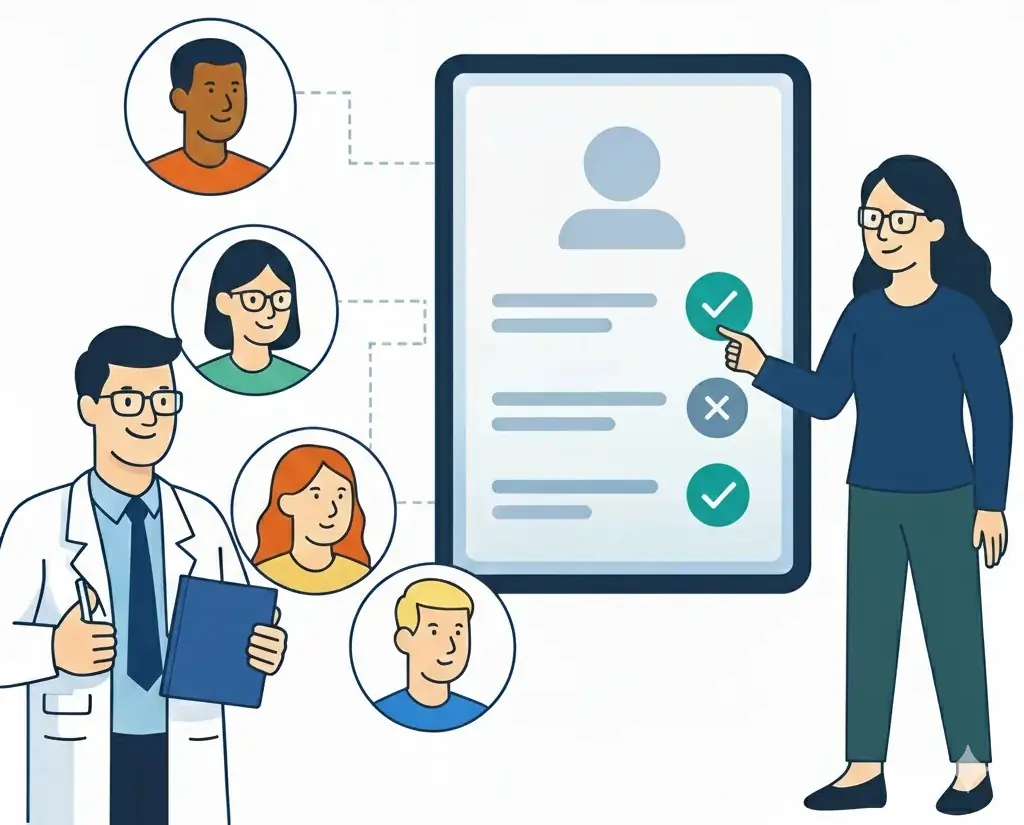 Illustration showing clinicians in scrubs analyzing patient statistics and growth trends on a dashboard