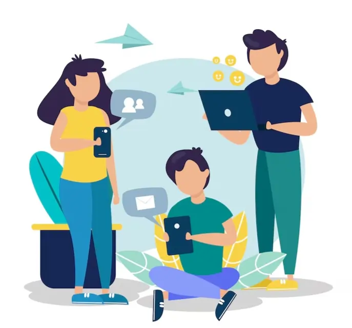 People sharing messages and reactions across phone and laptop screens