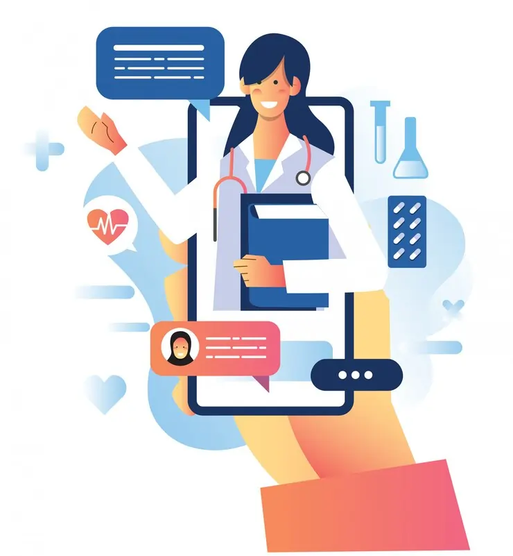 Illustration showing clinicians managing pediatric patient data and growth journey on a digital screen