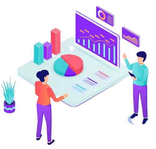 Illustration of pediatric clinic administrators reviewing AI-powered growth and clinic performance dashboards